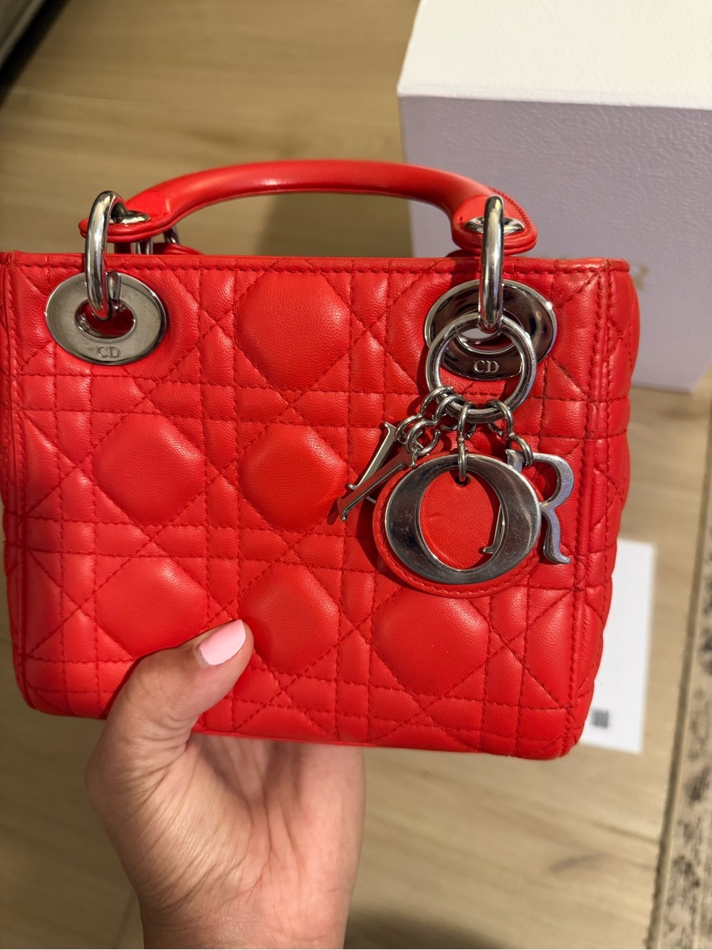 Dior Red Quilted Lady Mini Tote with Silver Hardware - Picture 8 of 13
